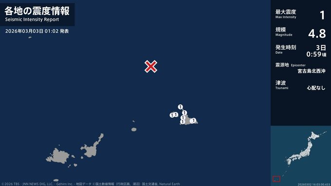 沖縄県で最大震度1の地震　沖縄県・宮古島市|TBS NEWS DIG