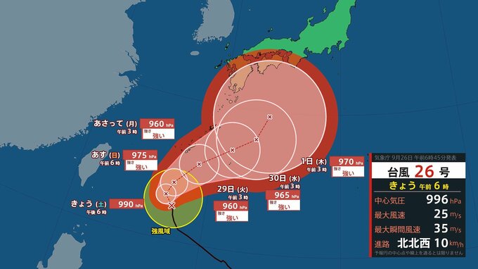 【台風情報】 ノロノロ…台風26号(スリゲ) 大きくカーブし沖縄から九州・四国・本州(近畿・関東など)にゆっくりと接近の予報 最大瞬間風速60m/s“強い”勢力に 雨と風のシミュレーション (気象庁26日午前6時45分発表)|TBS NEWS DIG