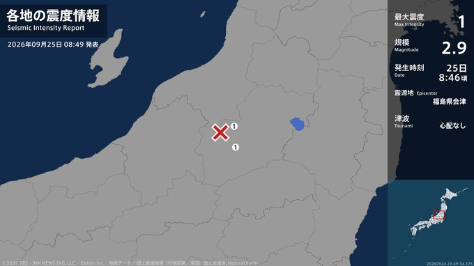 福島県で最大震度1の地震　福島県・南会津町、福島金山町|TBS NEWS DIG