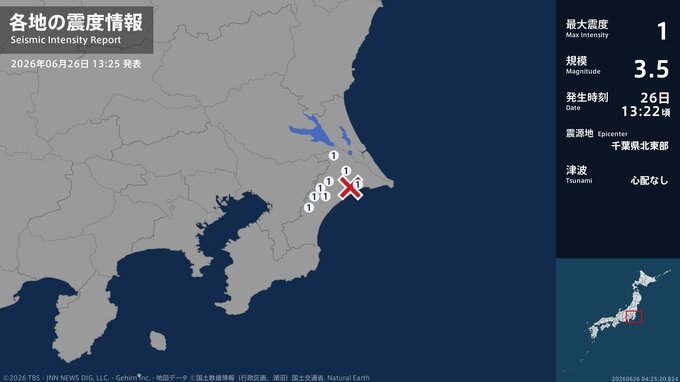 千葉県で最大震度1の地震　千葉県・東金市、旭市、香取市、山武市、多古町、芝山町|TBS NEWS DIG