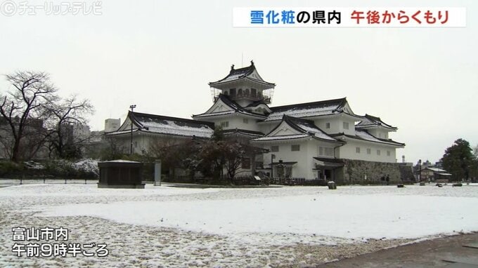 梅が咲く中うっすら雪化粧 富山市内でも積雪 2月中旬並みの気温で寒い朝 体調管理に注意　|　富山のニュース｜天気・防災｜チューリップテレビ