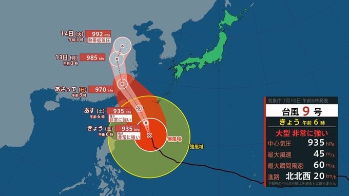 【台風情報】最大瞬間風速60m/s 中心気圧935hap 大型で非常に強い「台風9号（バービー）」沖縄の南を通過中...今後先島諸島に接近へ　7月20日（日）までの雨・風シミュレーションで確認【気象庁進路予想10日午前6時45分発表】|TBS NEWS DIG