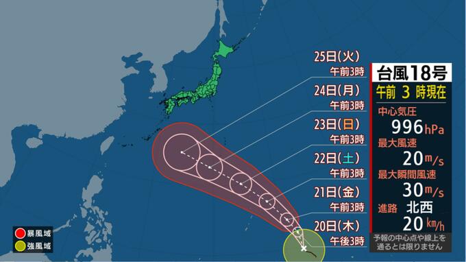 【台風情報】最大瞬間風速65m/s 台風18号(ソウデル) 935hPa「非常に強い」勢力へ猛発達予想　24日～25日に日本再接近へ 今後の進路と雨風シミュレーション【20日午前6時現在】|TBS NEWS DIG