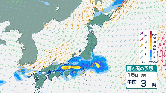 【気象情報】近畿地方は14日夕方から15日明け方にかけて竜巻などの激しい突風や落雷、急な強い雨に注意【雨と風のシミュレーション（日本付近）】　|　富山のニュース｜天気・防災｜チューリップテレビ