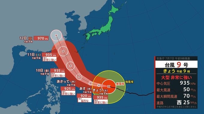 【 台風情報 】大型で非常に強い台風9号　10日～11日頃に沖縄・先島諸島に接近へ　大荒れ・大しけ・警報級の大雨のおそれ　西日本でも大しけのおそれ【7日午前9時45分 気象庁発表】|TBS NEWS DIG