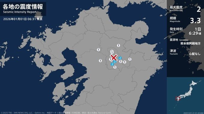 熊本県で最大震度2の地震　熊本県・阿蘇市、産山村、南阿蘇村|TBS NEWS DIG