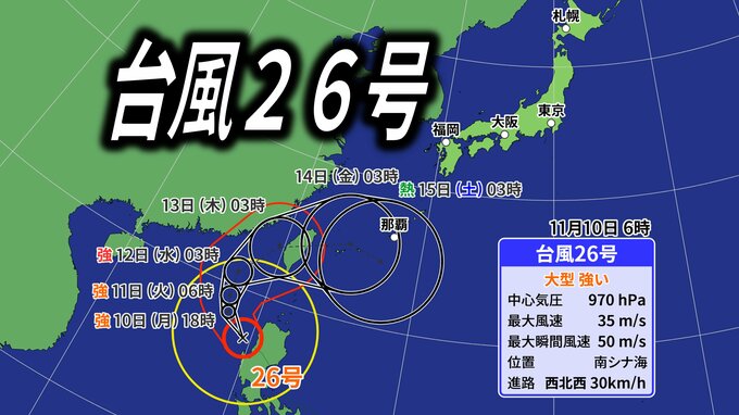 【台風26号】「非常に強い勢力」に発達する見込み　最大瞬間風速60メートル予想  沖縄では警報級大雨・大しけとなるおそれ【最新台風情報・雨と風のシミュレーション】|TBS NEWS DIG