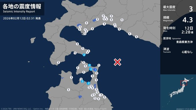 青森県で最大震度3の地震　青森県・東通村|TBS NEWS DIG