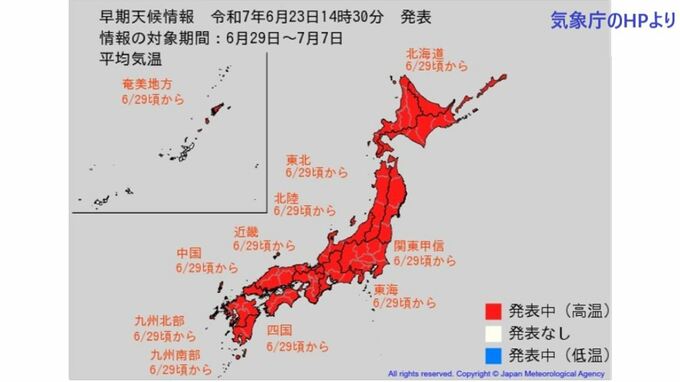 関東甲信、東海、近畿で＋2.5度以上　29日頃から沖縄を除くすべての地域で『かなりの高温』になる見込み　北海道、東北、北陸、中国、四国、九州、奄美【各地の2週間気温予報】|TBS NEWS DIG