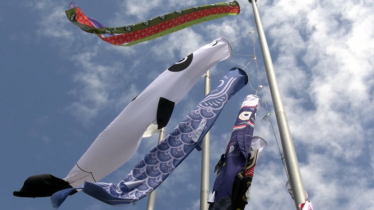 倉敷市児島地区に今年もデニムなどの地元繊維産業をPRするユニークな“こいのぼり”【岡山】