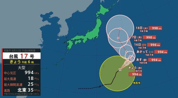 台風17号（ナンカー）強風域650kmの「大型」で小笠原から南鳥島近海を経て日本の東を北上へ　18日（火）までの進路予想【雨と風のシミュレーション】 　|　富山のニュース｜天気・防災｜チューリップテレビ