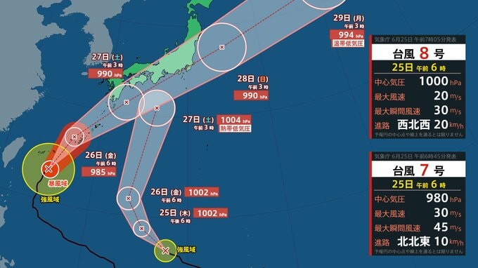 【ダブル台風情報】台風7号　26日にかけて暴風域を伴って南西諸島に接近　27日には西日本から東日本の太平洋側に接近するおそれ　台風8号は熱帯低気圧に変わる予想【最新の予想　雨風のシミュレーション】|TBS NEWS DIG