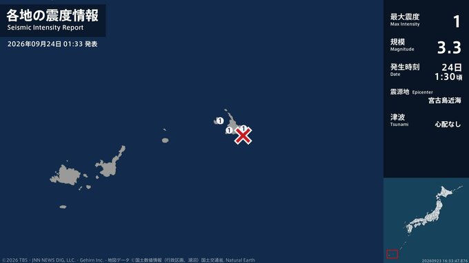 沖縄県で最大震度1の地震　沖縄県・宮古島市|TBS NEWS DIG