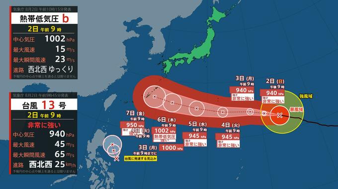 【ダブル台風へ】非常に強い13号沖縄直撃・九州接近のおそれの中「台風のたまご」フィリピン東で発生　3日(月)にも新たな台風へ発達予想【2日正午現在】|TBS NEWS DIG