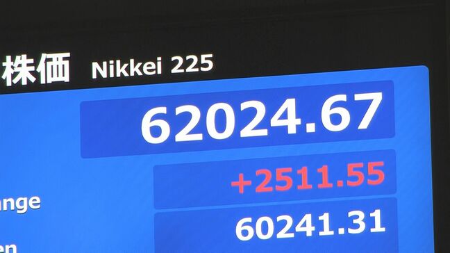 【速報】6万2000円突破 日経平均一時2500円超の値上がり 米・イラン報道や海外市場でのAI・半導体関連株急騰など受け 連休明けの東京株式市場|TBS NEWS DIG