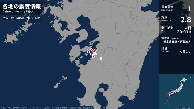 熊本県で最大震度1の地震　熊本県・球磨村、上天草市、芦北町|TBS NEWS DIG