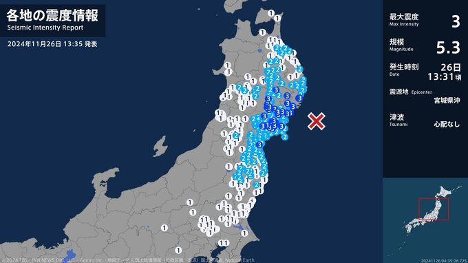 岩手県、宮城県で最大震度3の地震…長野県内では南牧村で震度1を観測、地震の規模を示すマグニチュードは5.3と推定|TBS NEWS DIG
