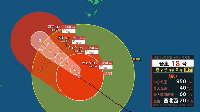 【台風情報】「台風18号（ソウデル）」最大瞬間風速60m/s　中心気圧950ヘクトパスカル　今後の進路は？9月4日までの雨・風シミュレーションで確認【気象庁25日12時50分発表】|TBS NEWS DIG