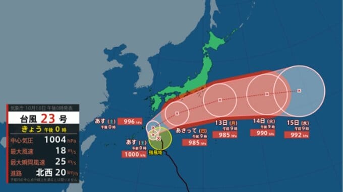 【台風情報】今後は急カーブし...台風23号(ナクリー)は三連休にかけて日本列島へ近づくか　沖縄・奄美・九州・四国・近畿・東海・関東地方にも接近の可能性　このあとの勢力と進路を詳しく　全国の天気を画像で　気象庁|TBS NEWS DIG