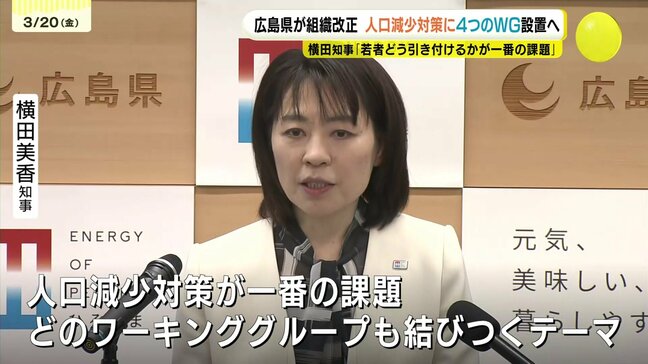 人口減少対策に4つのワーキンググループ設置へ 広島県が組織改正 横田知事「若者をどう引き付けるかが一番の課題」|TBS NEWS DIG
