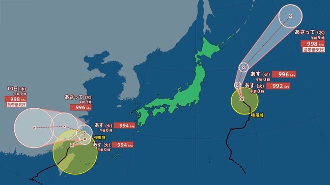 【台風情報】ダブル台風は日本から遠ざかる見込み　4号（ダナス）はUターンして10日に「熱帯低気圧」になるか　3号（ムーン）は東へ東へ…9日に「温帯低気圧」になるか【雨と風のシミュレーション・気象庁の最新情報まとめ】|TBS NEWS DIG