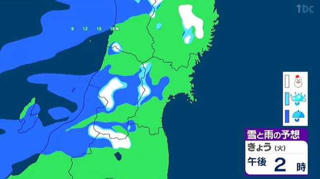 午後から天気下り坂で仙台・最高気温9℃予想【雨・雪雲シュミレーション午後1時~】西部中心に雨で東部でもにわか雨の可能性 tbc気象台|TBS NEWS DIG