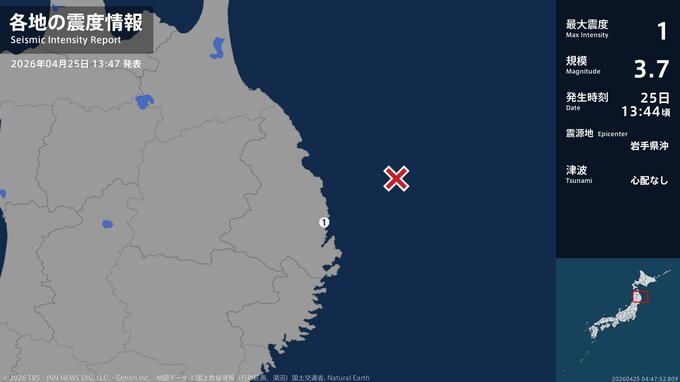岩手県で最大震度1の地震　岩手県・宮古市|TBS NEWS DIG