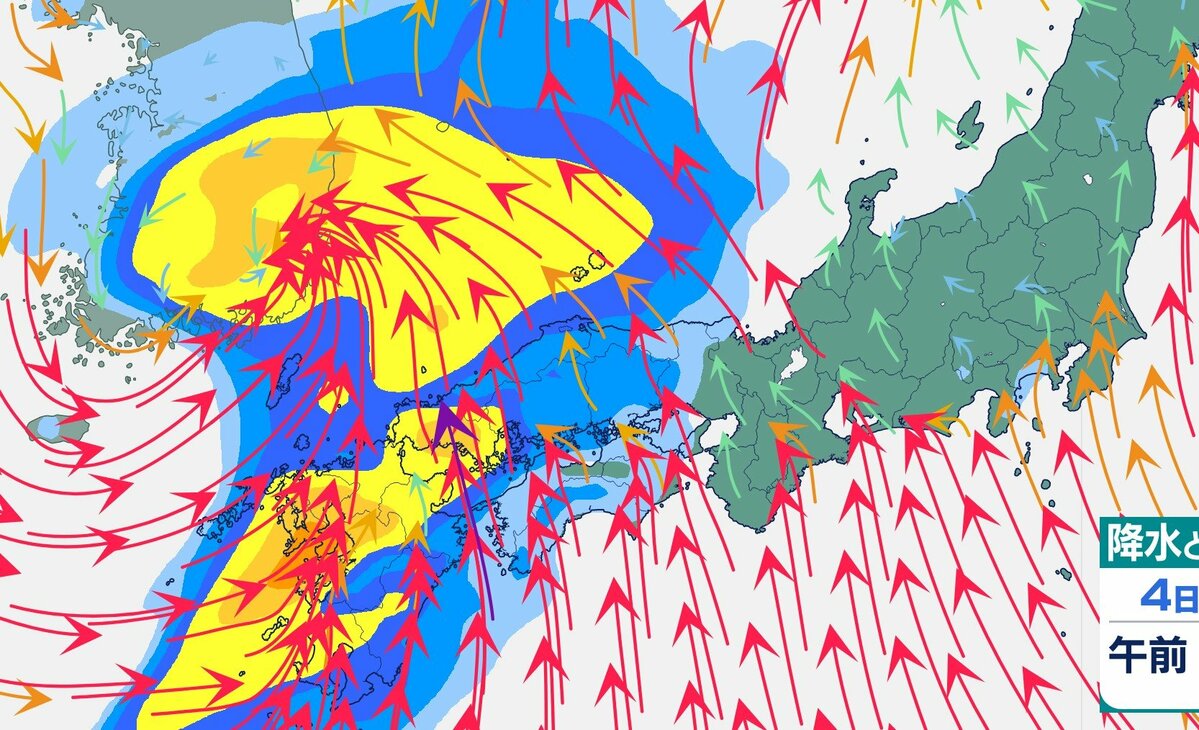 【大雨情報】4日は「春の嵐」に⋯九州・四国・東海などで「警報級の大雨」のおそれ　5日は関東でも雨予想(4日から13日までの雨風シミュレーション)