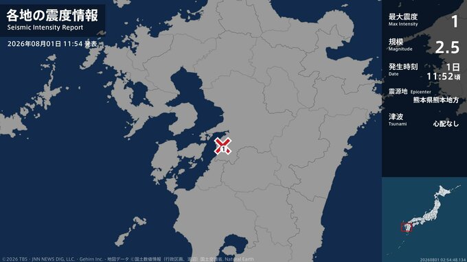 熊本県で最大震度1の地震　熊本県・八代市|TBS NEWS DIG
