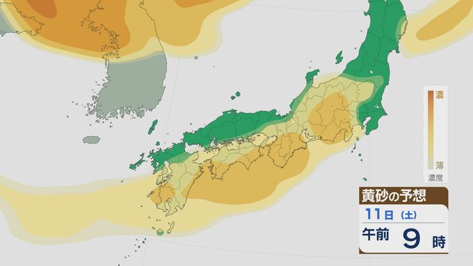 【黄砂情報】大陸からの黄砂 11日(土)は関東にも 10日(金)以降九州から東で飛来する見込み 飛来予想シミュレーション|TBS NEWS DIG