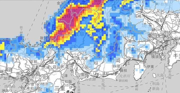 【大雪情報】岐阜県では警報級の大雪に6日にかけて続く見込み　交通障害に警戒を　7日夕方までの72時間予想降雪量は山地190㎝平地70㎝　5日は愛知県でも警報級の大雪となる可能性【大雪と雨のシミュレーション】　|　富山のニュース｜天気・防災｜チューリップテレビ
