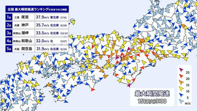 【台風情報】神戸で最大瞬間風速35.7m/s観測　線状降水帯も発生　全国各地の風速＆雨量ランキング　台風7号近畿を北上中|TBS NEWS DIG