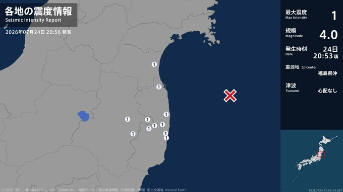 宮城県、福島県で最大震度1の地震　宮城県・亘理町、福島県・田村市、小野町、相馬市、福島広野町、楢葉町|TBS NEWS DIG