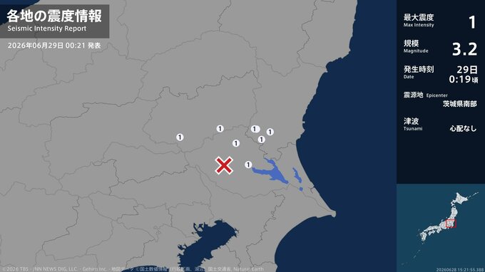 茨城県、栃木県で最大震度1の地震　茨城県・水戸市、笠間市、土浦市、桜川市、栃木県・栃木市、真岡市|TBS NEWS DIG
