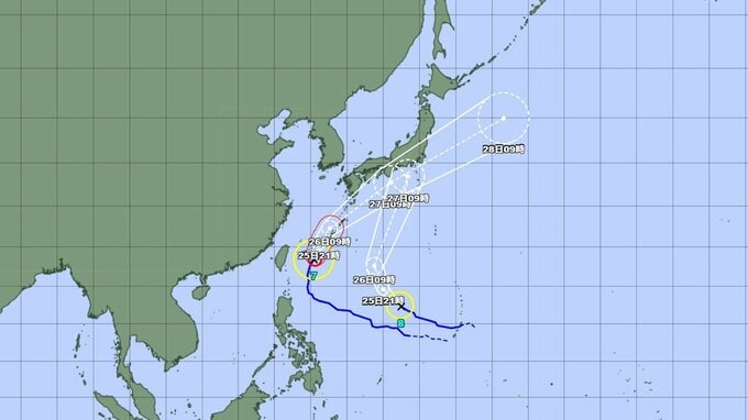 【台風情報】台風7号(メーカラー)　26日にかけて暴風域を伴い南西諸島に接近のおそれ　週末には関東接近か...台風8号(ヒーゴス)の進路予想も　沖縄や全国の天気を画像で　気象庁【ダブル台風】　|　山形のニュース│TUYテレビユー山形