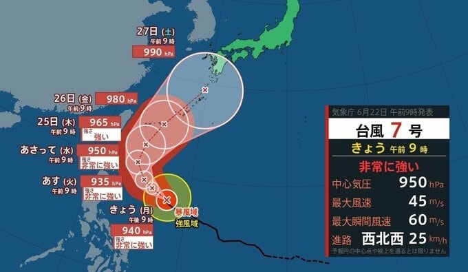 【台風情報】台風7号（メーカラー）非常に強い勢力で北上へ　23日フィリピン付近で最大瞬間風速70ｍ見込み…今週後半に沖縄の南・先島諸島に接近予想（22日午前9時気象庁発表）　|　北海道のニュース｜HBC北海道放送