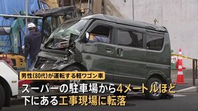 川崎市のスーパー駐車場から軽ワゴン車が工事現場に落下　作業員など4人が重軽傷　転落前に停車中の車少なくとも2台に衝突か|TBS NEWS DIG
