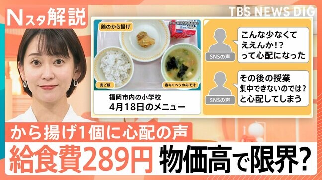 「こんな少なくてええんか!?」から揚げ1個に心配の声、小学校の給食費289円(福岡市)物価高で学校給食は限界?【Nスタ解説】|TBS NEWS DIG