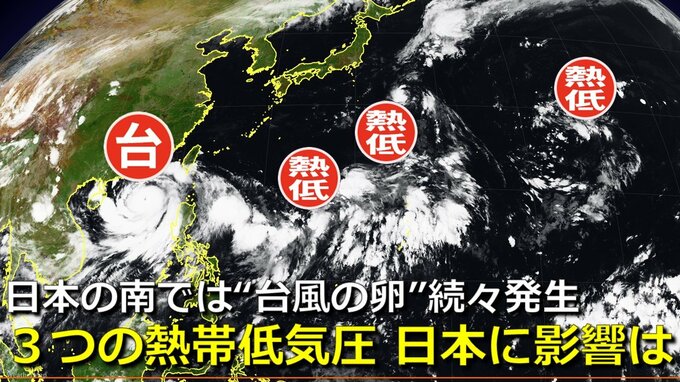 日本の南には「3つの熱帯低気圧」が存在 来週にかけて“台風の卵”続々発生も 日本列島への接近・影響のおそれは 気象庁・アメリカ・ヨーロッパ 各国予報機関の進路予想比較【10日まで雨・風シミュレーション】|TBS NEWS DIG