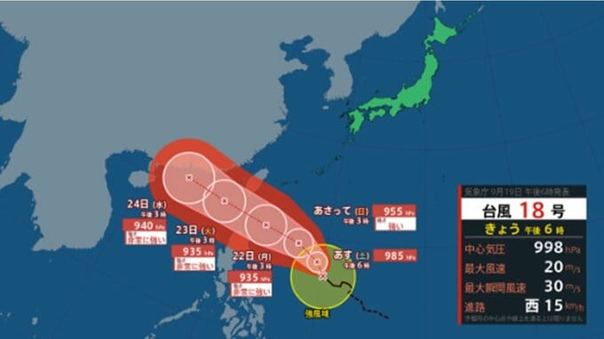 【台風情報】今後は沖縄に影響の可能性...台風18号(ラガサ)のこのあとの勢力と進路を詳しく　最大瞬間風速70メートル予想　今後の天気を画像で　気象庁　|TBS NEWS DIG