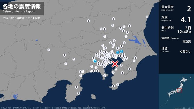 千葉県、東京都で最大震度2の地震　千葉県・市川市、白井市、東京都・町田市|TBS NEWS DIG