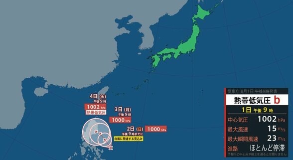 【台風のたまご】フィリピン東の熱帯低気圧、2日（日）夜までに台風へ発達見込み　最大瞬間風速25m/sで北西に進み　短期間で再び熱帯低気圧へ【雨と風のシミュレーション】　|　富山のニュース｜天気・防災｜チューリップテレビ