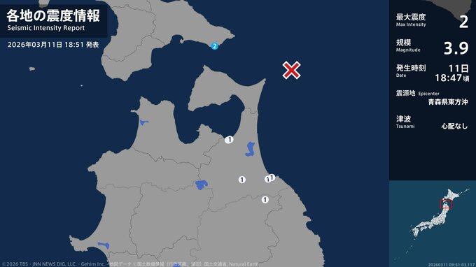 北海道で最大震度2の地震　北海道・函館市|TBS NEWS DIG