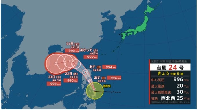 【台風情報】台風24号(フンシェン)は今どこに？ このあとの勢力と進路を詳しく　最大瞬間風速40メートル予報　日本方面には向かわず　全国の天気を画像で　気象庁|TBS NEWS DIG