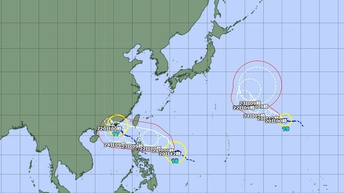【台風情報】今後18号、19号は非常に強い台風に...トリプル台風のこのあとの勢力と進路を詳しく　最大瞬間風速は？ 全国の天気を画像で　気象庁|TBS NEWS DIG