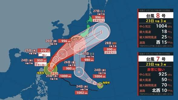 【ダブル台風】台風7号「メーカラー」非常に強い勢力でフィリピンの東に…26日には沖縄本島に接近か　台風8号も日本の南へ【雨と風のシミュレーション】　|　富山のニュース｜天気・防災｜チューリップテレビ