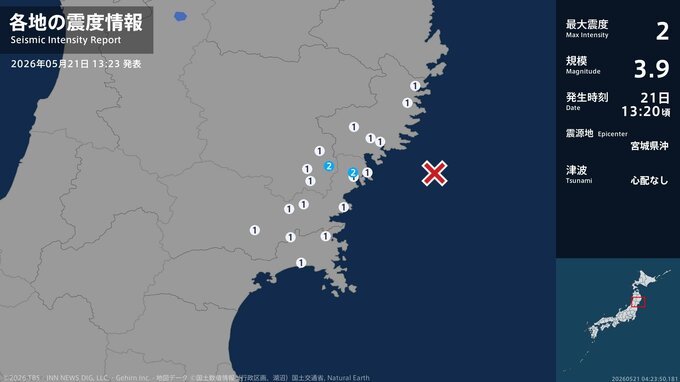 岩手県、宮城県で最大震度2の地震　岩手県・一関市、宮城県・気仙沼市|TBS NEWS DIG