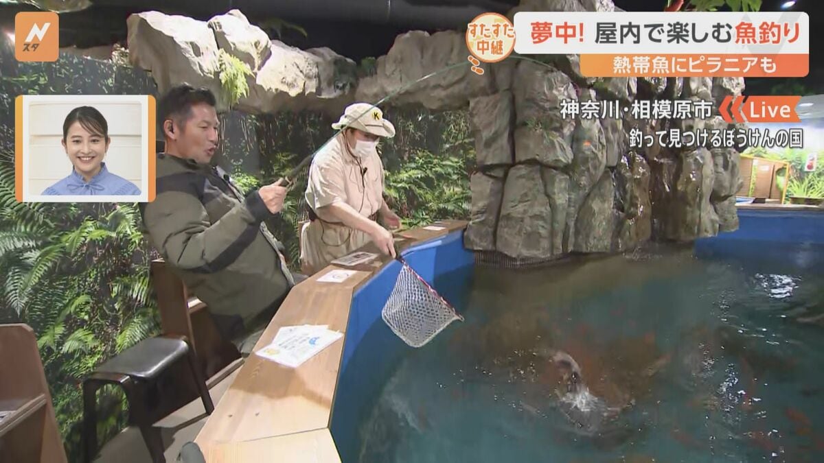 熱帯魚」に「ピラニア」も！？屋内で楽しめる魚釣りを小笠原アナが体験