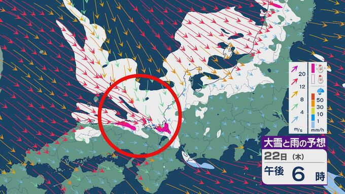 【大雪情報】22日(木)も「JPCZ」による発達した雪雲が山陰・近畿北部・北陸に流れ込み大雪に 24時間予想降雪量の最大は石川県や福井県の平地でも40センチ 積み重なる雪に注意・警戒を 雪と風シミュレーション|TBS NEWS DIG