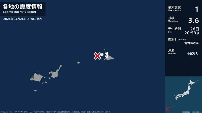 沖縄県で最大震度1の地震　沖縄県・宮古島市|TBS NEWS DIG